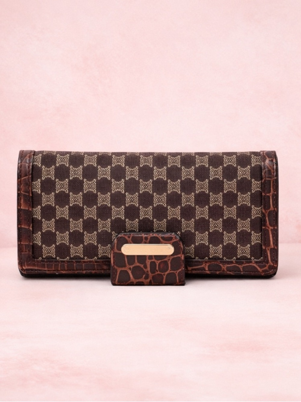 CELINE Vintage Brown Monogram 1990-2000 Macadam-pattern Wallet with Croc Trim - Picture 14 of 14